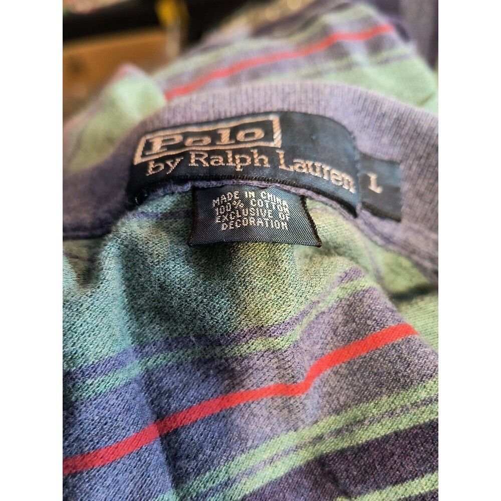 Polo Ralph Lauren Polo T-Shirt Men's Size Large Green Navy Striped Ribbed Collar - Picture 4 of 4